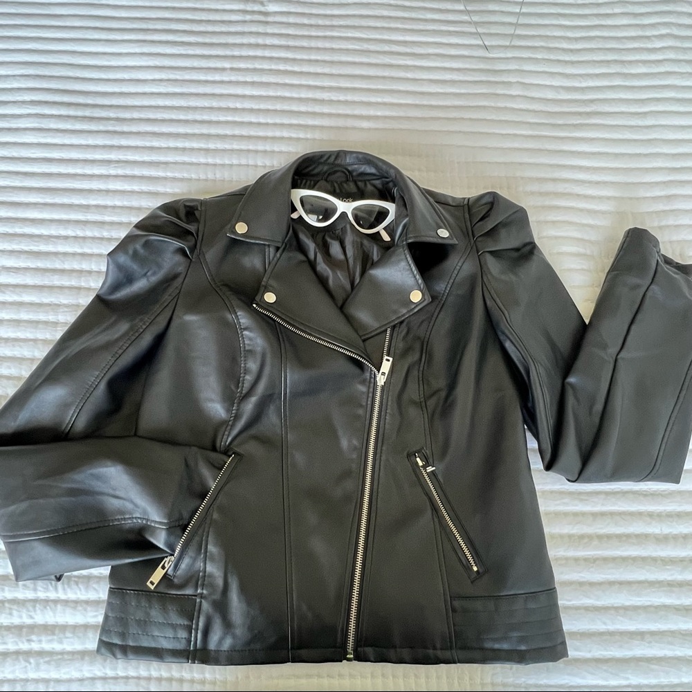 Faux leather jacket - ruffle sleeve - diagonal zip pocket - biker jacket